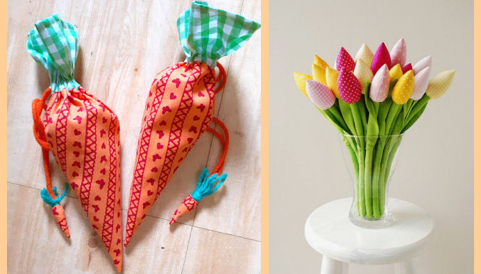 Wortel gevuld met paaseitjes en tulpen gevuld met vulling - leuke lente-items naaien