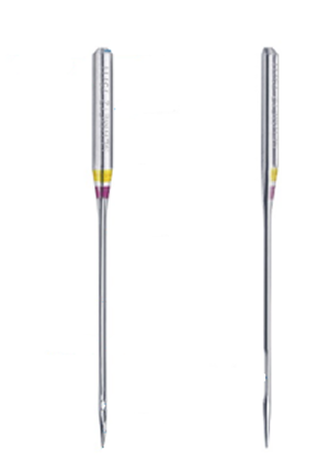 A sewing machine needle seen from the front and the side