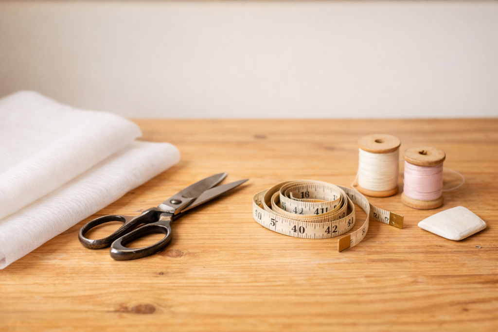 Atelier sfeerfoto op grenen tafel met vlieseline en gereedschap