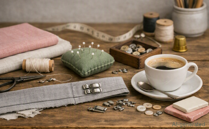 Rustige ateliertafel met fournituren, speldenkussen en kop koffie