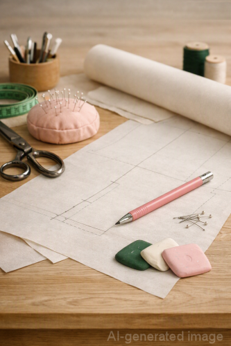 Rustige ateliertafel met patroonpapier, schaar, meetlint, kleermakerskrijt en naaigerei.
