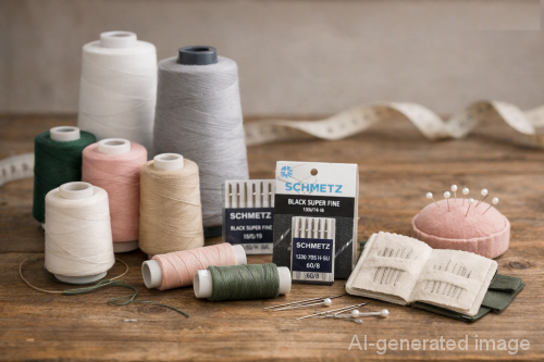 Landscape‑opstelling met naaigaren, overlock‑cones, Schmetz Black Super Fine‑naalden, speldenkussen en meetlint op houten tafel.