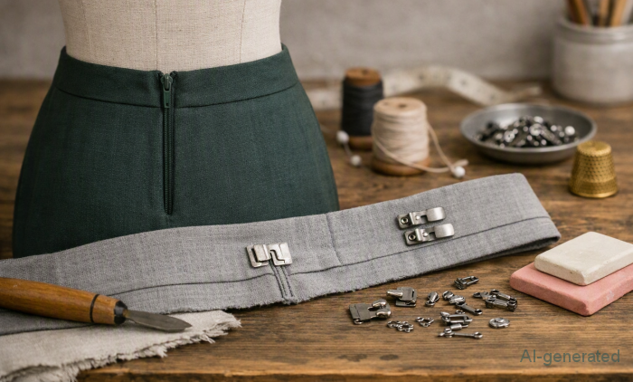 Atelierbeeld met tailleband, niet deelbare rits en broekhaken op houten werktafel.